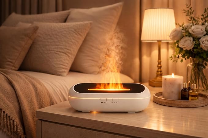 AquaAura Flame Diffuser – Flame Effect Essential Oil Diffuser & Humidifier, 160ml Aromatherapy Diffuser with 7 LED Colors, Cool Mist Humidifier with 1H/3H/6H Timer Auto Shutoff