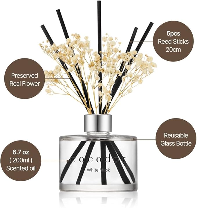 COCODOR Preserved Real Flower Reed Diffuser/Pure Cotton / 6.7oz(200ml) / 2 Pack/Reed Diffuser Set, Oil Diffuser & Reed Diffuser Sticks, Home Decor & Office Decor, Fragrance and Gifts