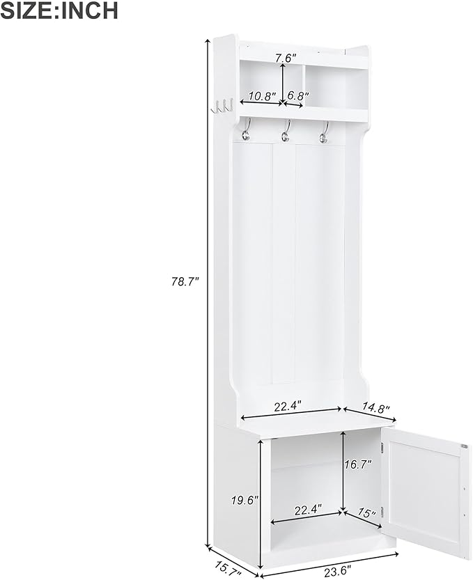 Minimalist Slim 78.7''H Hall Tree with Cabinet & 6 Hanging Hooks, Multi-Functional Storage Bench with Coat Rack, Elegant Foyer Cabinet for Mudrooms Organization Entryway Living Room (White-62s)