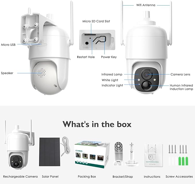 Security Cameras Wireless Outdoor, 2K 3MP Pan Tilt 355° View IP65 Waterproof Rechargeable Battery Powered PTZ WiFi Solar Camera with PIR, Color Night Vision,2-Way Talk,Cloud/SD