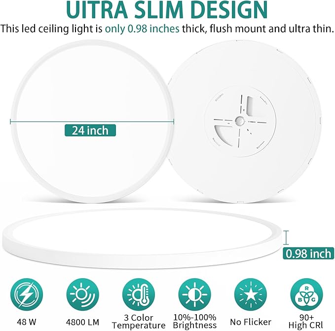 24 Inch LED Flush Mount Ceiling Light Fixture,Dimmable Ultra Thin Low Profile,48W 4800 Lumens,3 CCT Color Selectable,Modern Round White Ceiling Light for Living Room,Bedroom,Kitchen,Office