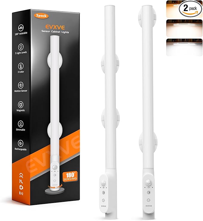 15.4" Motion Sensor Closet Lights, 180° Rotatable Under Cabinet Lighting Wireless, 180 Lumens Rechargeable Magnetic Indoor Light Bar, 3 Colors Dimmable for Wardrobe, Kitchen, Pantry (2 Pack)