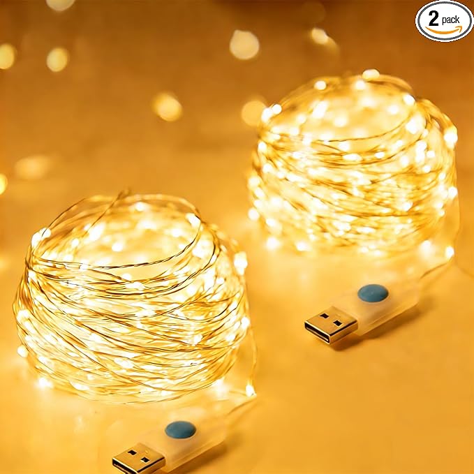 USB Fairy Lights, 2 Pack 33Ft 100 LED, Flexible Silver Wire Mini String Lights for Bedroom Wedding Christmas Decor, DIY Crafting, Warm White