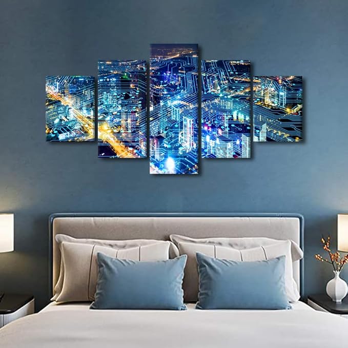 Wall Art Modern Cityscape Picture Internet Companies Decoration Poster 5 Panel Smart City Decor Men Home Office Wall Decor Native Americans Living Room Canvas Art Stretched Ready to Hang 60x32 Inch