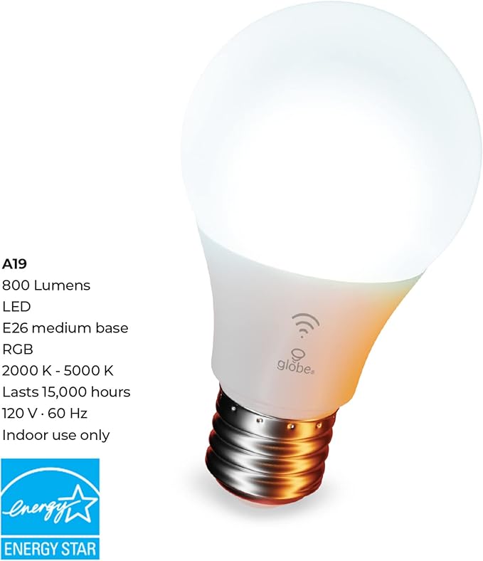 Globe Electric 50589 Color-Changing A19 LED Smart Light Bulb, 2.4 GHz Wi-Fi, 60W Equivalent 800LM, Works with Alexa Only, 1-Pack