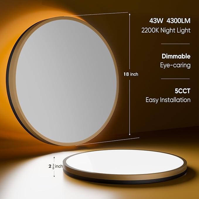 18 Inch Flush Mount Ceiling Light with Remote Control & Night Light, 5CCT Dimmable Ceiling Light Fixture, 43W 4300LM 2700K-6500K Adjustable LED Ceiling Lights for Bedroom Kitchen Living Room