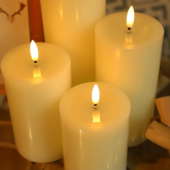 Lezonic Ivory LED Flameless Candles with Remote Timer, 4 Pack Battery Operated Candles Flickering, Grease Design Real Wax Pillar for Wedding Decor, Centerpiece, Birthday Gifts (4/5/6/8 Inch)