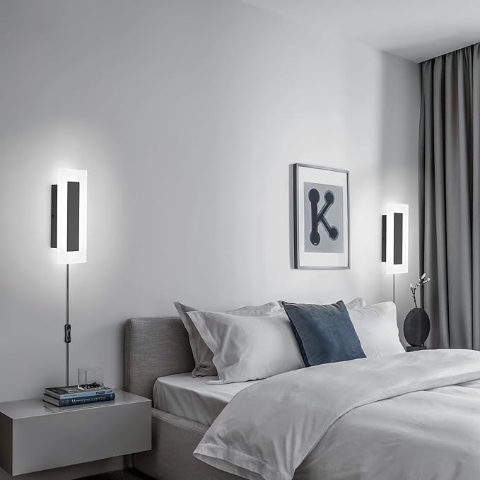 LMQNINE Modern Plug in Wall Sconces Set of Two 9W 6000K Acrylic Black Wall Sconce Wall Lighting with 6ft Plug in Cord and On/Off Switch for Bedroom Living Room Hallway Staircase Corridor