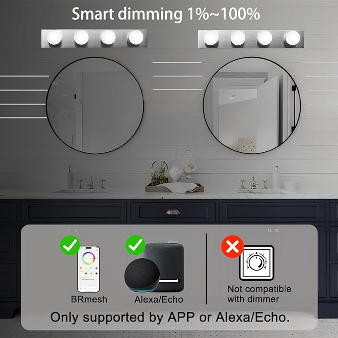ILC App-Controlled LED G25 Globe Light Bulbs, Bluetooth Mesh, 1600 Million Colors, 60W Equivalent, 6W, 600LM, CRI>95+ Daylight White 5000K, E26 Base Vanity Light Bulbs, Dimming via app only, 6 Pack