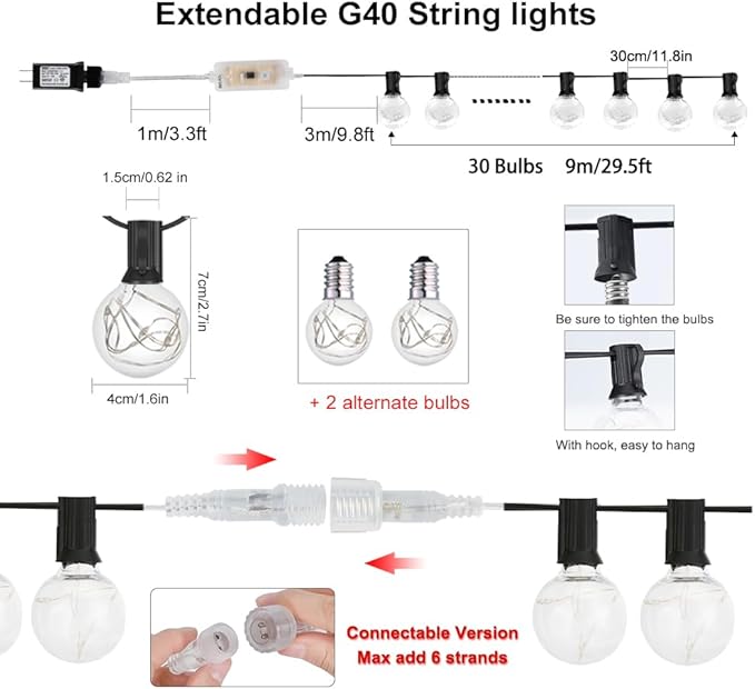 30FT LED Outdoor String Lights, G40 Globe Patio Lights with 24 Colors Color Changing and 128 Modes, Dimmable Waterproof Connectable Outdoor Light for Outside Backyard Porch Balcony Party Decoration