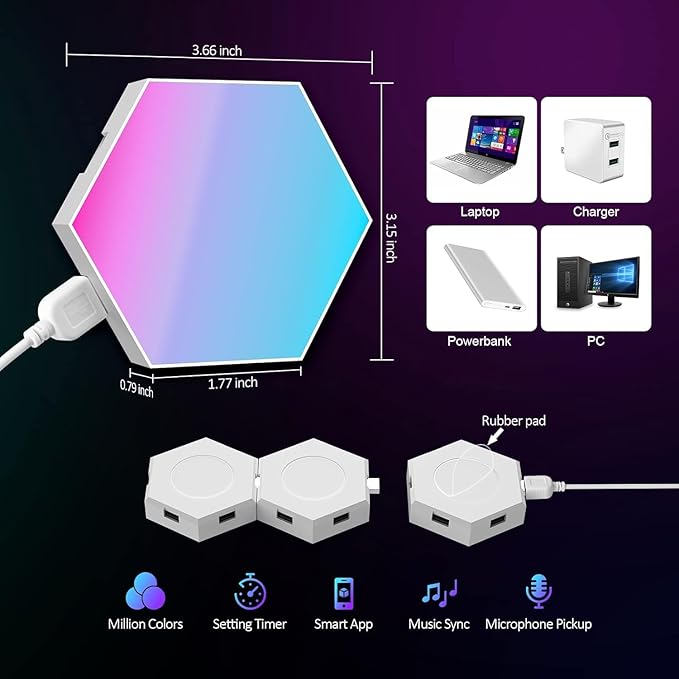 Hexagon LED Lights 12 Pack - RGB Wall Panels with Music Sync, Smart App & Remote Control, DIY Modular Hex Light for Gaming Room, Bedroom, Living Room, Wall Decor