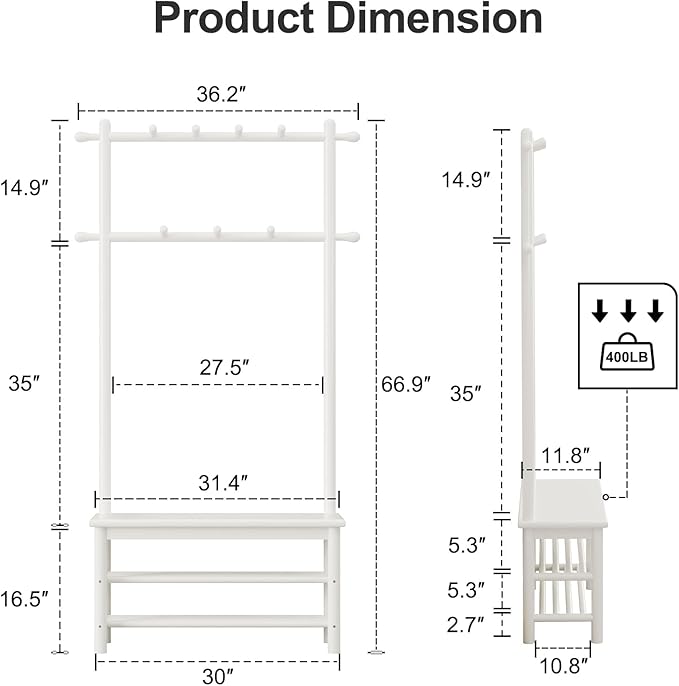 AQIMUELE Coat Rack with Shoe Storage, Wooden Hall Tree with Bench, 11 Hooks and 2-Tier Storage Shelves, 3-in-1, Entryway Bench with Coat Rack (31.5"-White)
