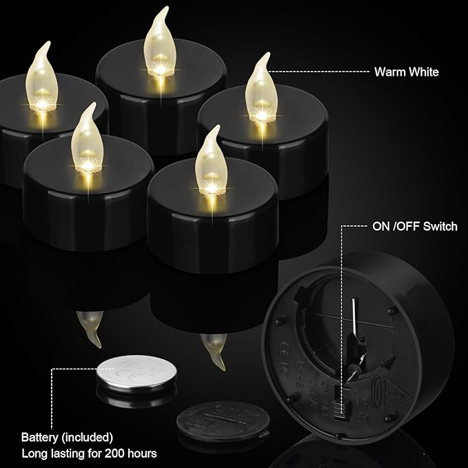 Battery Operated Tea Lights Candles:12 Pack Realistic and Bright Flickering Holiday Gift Flameless Candles LED Electric Tea Candles for Seasonal & Festival Party Home Decoration(Black)