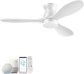 42" Wood Smart Ceiling Fans with Lights,Quiet DC Motor,Flush Mount Ceiling Fan with Remote,Alexa,APP, White Low Profile Hugger Fan for Bedroom,Living Room,Porch,Outdoor Indoor Use,Dimmable,3 Blades