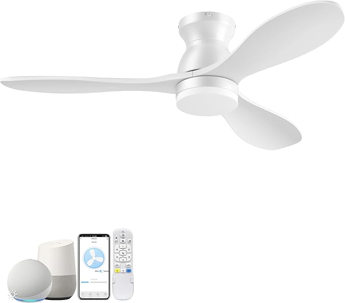 42" Wood Smart Ceiling Fans with Lights,Quiet DC Motor,Flush Mount Ceiling Fan with Remote,Alexa,APP, White Low Profile Hugger Fan for Bedroom,Living Room,Porch,Outdoor Indoor Use,Dimmable,3 Blades