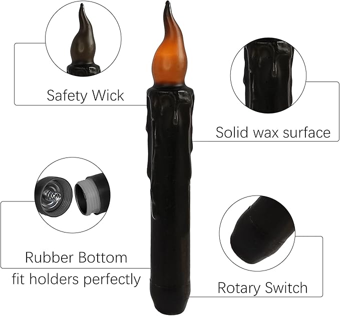 Black Candlesticks Flameless Taper Candle, 4pcs Real Wax LED Tapered Candles Remote Dipped Candle 6inches Battery Chandelier for Enchanting Weddings Harry Potter Inspired Vigils,B
