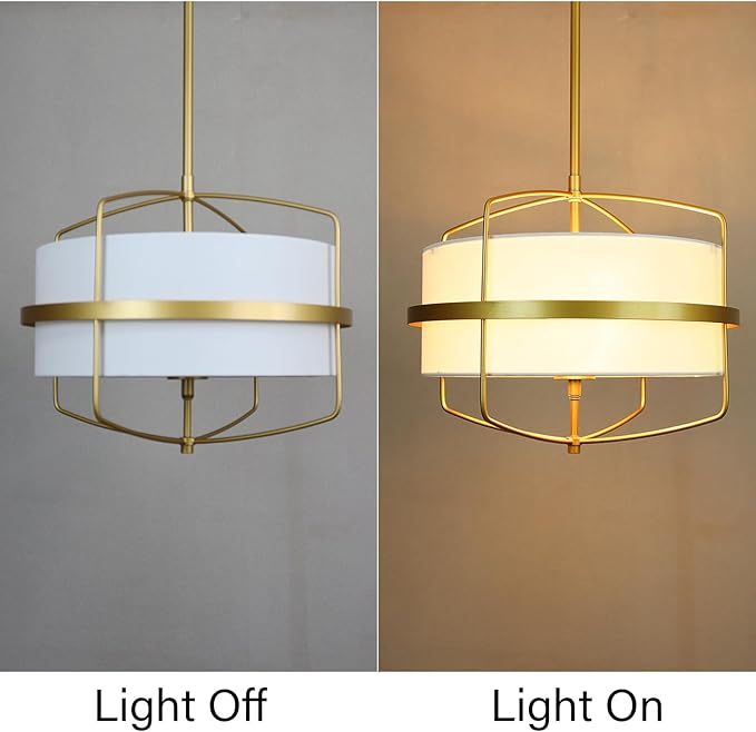 DAYCENT Modern Gold Pendant Light 3-Light Drum Shade Chandelier 16-Inch Brass Pendant Lighting with Drum Fabric Shade Hanging Light Fixture for Dining Room Living Room, Adjustable Height