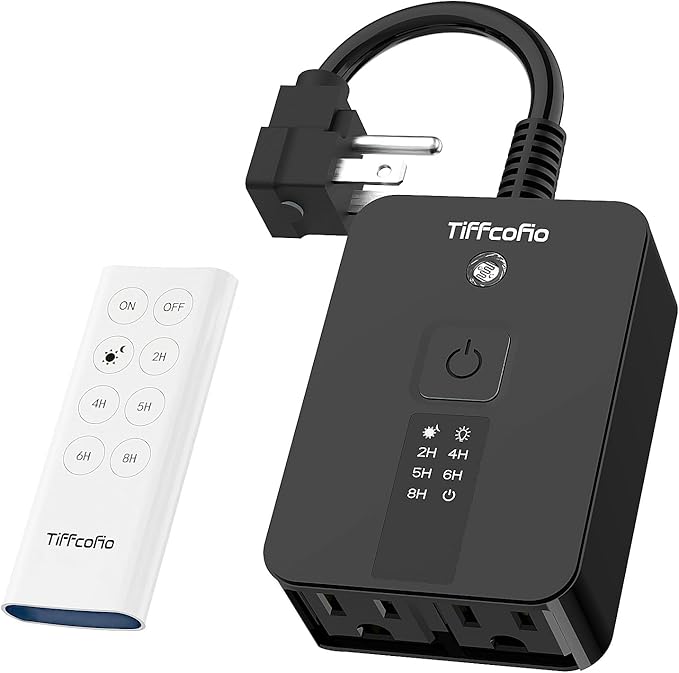 TiFFCOFiO Outdoor Timer Waterproof, Remote Control Dusk to Dawn Sensor, 2 Grouded Electrical Outlets for Lights,15A 1875W, ETL Listed
