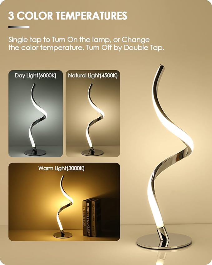 Yarra-Decor Modern Spiral Bedside Lamp - 3 Colors Touch Control LED Table Lamp, Stepless Dimmable Nightstand Lamps for Bedroom Living Room & Office(3000K 4000K 5000K) (Silver 2 Pack)