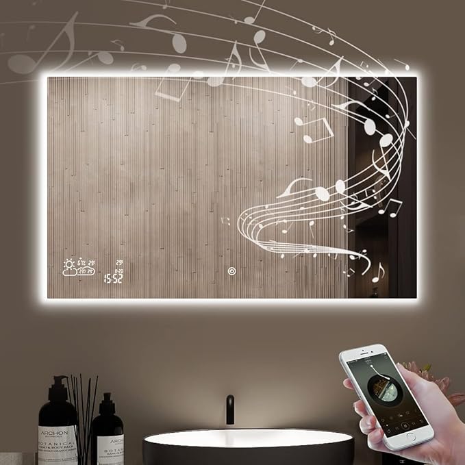 40X24 LED Bathroom Mirror with Lights, WiFi Smart Bluetooth Lighted Vanity Mirror for Bathroom with Backlit 2 Colors Dimmable Enabled Weather Display, Anti-Fog Horizontal Hang Only