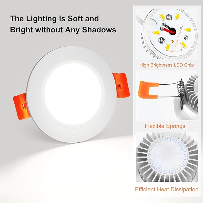 YGS-Tech 3 Inch LED Recessed Lighting, Dimmable Downlight 5W(40W Halogen Equivalent), CRI80, 5000K Daylight White, Ceiling Light with LED Driver(1 Pack)