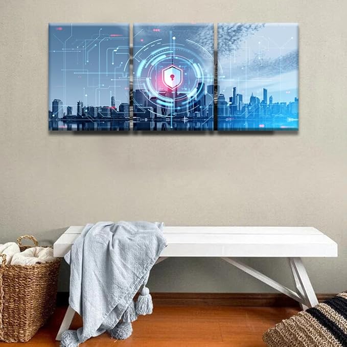 LSIUHWUWI 3 Piece Canvas Wall Art Digital Cybersecurity Concept Canvas Prints Art for Living Room Bedroom Decoration, Internet Security and Global Protection Framed Ready to Hang, 12x16inchx3
