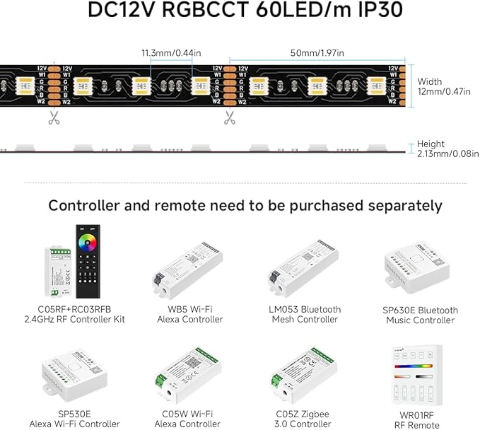 BTF-LIGHTING RGBCCT 5 Colors in 1 LED 5050SMD RGBWW RGB+Dimmable Tunable Color Temperature 2700K-6500K 16.4ft 60LEDs/m 300LEDs DC24V Multi-Colored Lights IP30 for Decoration(No Adapter or Controller)