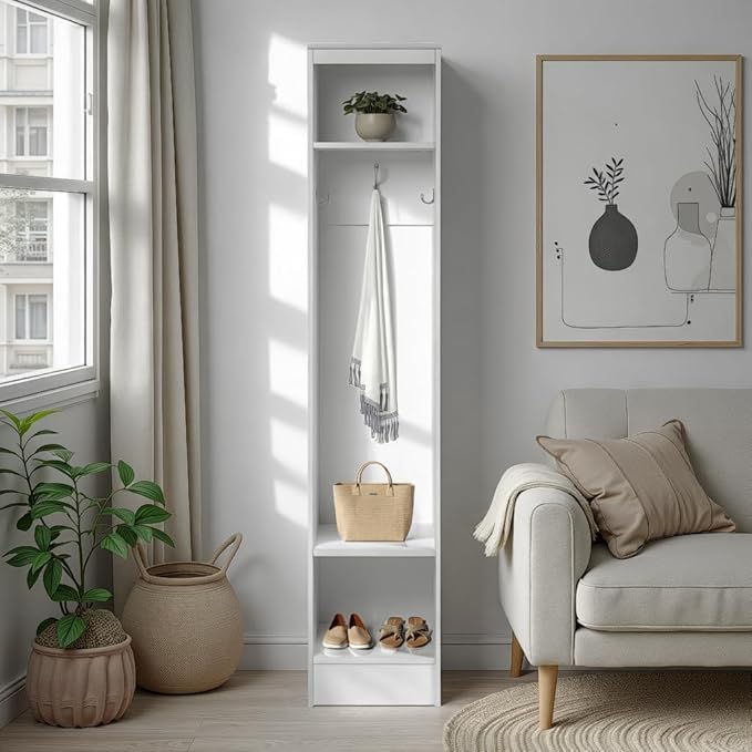 Prepac Narrow Coat Rack Freestanding Hall Tree with 3 Hooks, Entryway Furniture for Coat and Shoe Storage, Entryway Organization with an Adjustable Shelf, 14.75"W x 72.5"H x 15.5"D, White