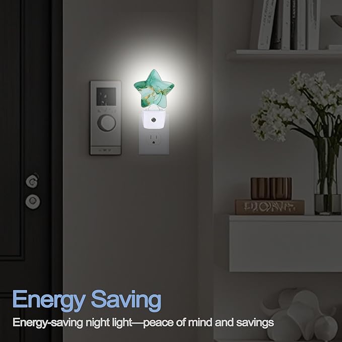 Green Gold Marble Dusk to Dawn Star Night Light,Abstract Smart Sensor Nightlight for Bedroom Kitchen Hallway Stairs,Plug-in Energy Efficient Decor Desk Lamp Women Men Gifts