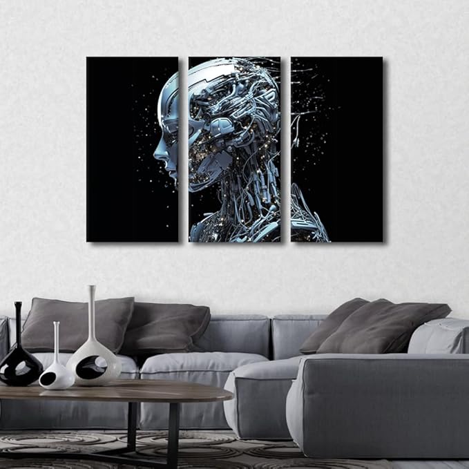 TUMOVO Female Robot Face Pictures Concept Wall Art 3 Panel Modern Canvas Print Art for Living Room Bedroom Decoration, Artificial Intelligence Artwork for Home Decoration Ready to Hang, 36" Wx24 H