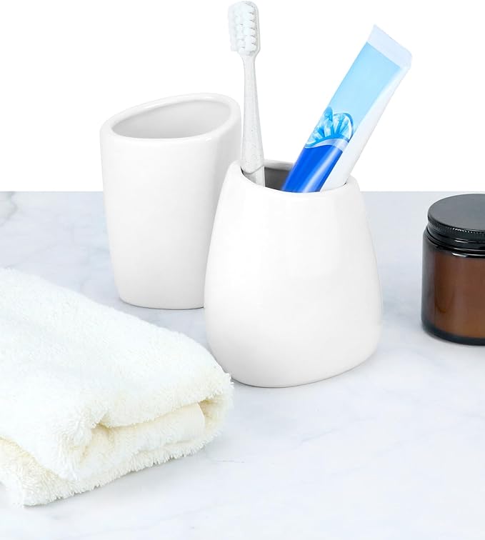 QWORK Elegant White Ceramic Bathroom Accessory Set – Modern Teardrop-Shaped 4-Piece Ensemble – Includes Soap Dispenser, Tumbler, Toothbrush Holder, and Soap Dish for Stylish Home Decor