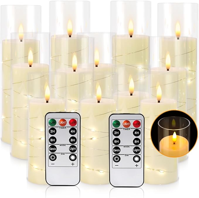 Flickering Flameless Candles Battery Operated with Remote, LED Pillar Candles with Realistic Moving Wick for Halloween, Christmas, Home Decor Pack of 12 (D2.2 x H 5" 6" 7") Ivory