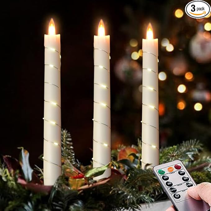Flameless Cone Candle with Built-in Star String Light, 11-Button Remote Control, Timer, Battery Powered, Simulated Flame, 3-Pack Window Candle, Christmas Home & Wedding Decoration (Ivory)
