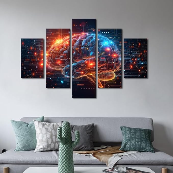 5 Panel Bedroom Wall Art Artificial Intelligence Canvas Wall Art for Living Room Futuristic Technology House Decor Neural Networks Art Wall for Home AI Poster and Prints Artwork Home Decor 60"Wx40"H