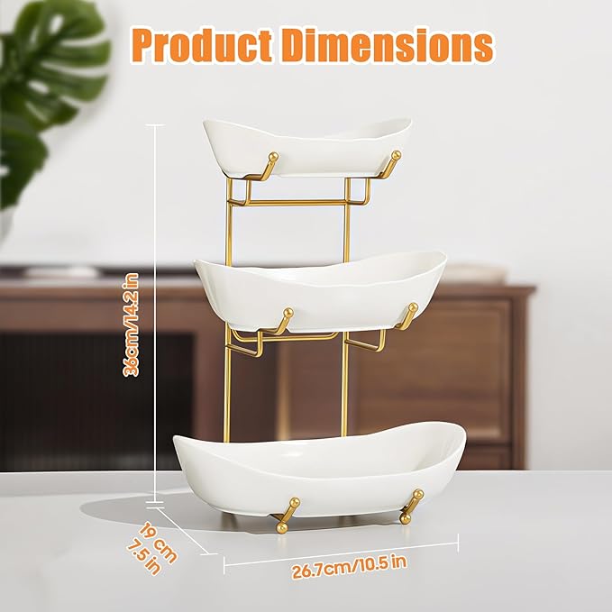 Ceramic Fruit Bowl for Kitchen Counter - 3 Tier Fruit Basket with Metal Stand, Tiered Fruit Stand for Countertop, Snack, Nuts, Cake, Dessert, Cute (Gold, Small)