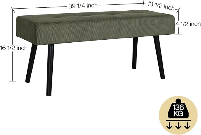 Entryway Bench - Green Bench for Bedroom, Modern Ottoman End of Bed, Corduroy Padded Benches for Living Room, Foyer, Mudroom, Hallway - 39" L x 14" W x 17" H