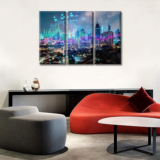 TUMOVO Stock Market Graph Hologram Night Panorama City View Pictures Wall Decor Living Room 3 Piece Artwork Contemporary Home Decor Posters and Prints Framed Ready to Hang (60" Wx40 H)