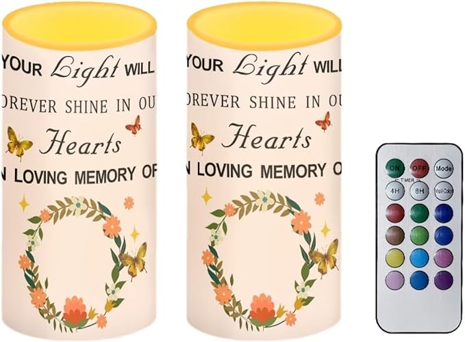 Personalized LED Memorial Candle for Loss of Loved One 2 Pack 6 x 3 inch Flameless Candles Pink Battery Operated Candles with Multicolor Timer Remote Control Flameless LED Fake Candles