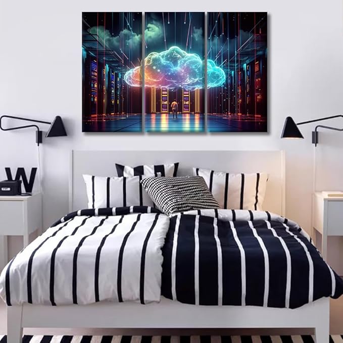3 Panels Modern Wall Art Cyber Security, Cloud Managed, Circuit Board Canvas Prints Art AI Art for Living Room Bedroom Decorations, Technological Artwork Wooden Framed Ready to Hang, 20x40inchx3