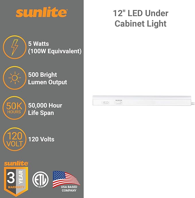 Sunlite LED Under Cabinet Lighting Plug in 12 Inch Linkable Under Counter Lights for Kitchen 16 Watts, 120 Volts, 1600 Lumens, Adjustable 3 CCT 3000K-5000K, 50,000 Hour Lifespan, ETL Listed LED Light