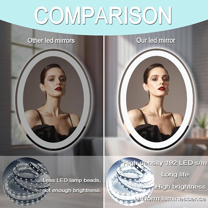 30 x 40 Inch Oval Lighted Vanity Mirror with Lights 3 Color Dimmable Memory Front Back Light 40 LED Oval Mirror for Bathroom Salon Wall Mount AntiFog 40in Ellipse Ovals Smart Light up Mirrors