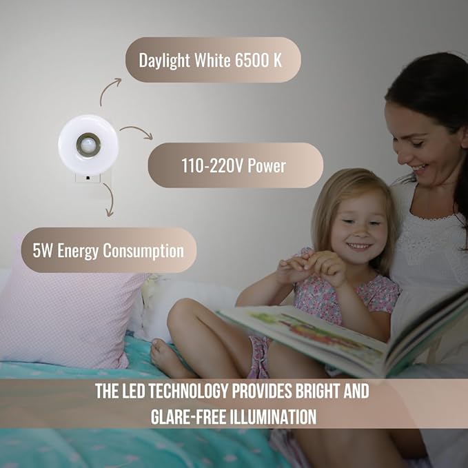 Bright Night Light LED Motion and Light Sensor AC Outlet Plug-in PIR Automatic Lamp Plug into Wall Dusk to Dawn 5W for Bedroom Garage Stairway Basement Hallway