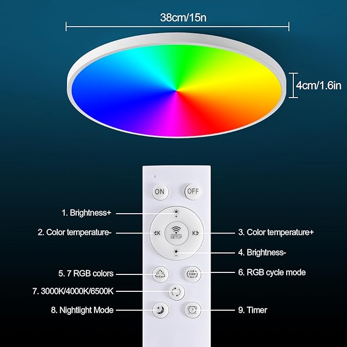 Smart Ceiling Light with Remote Control - 15Inch 38W Flush Mount Ceiling Light, RGB Color Changing Ambient Light for Bedroom, Kitchen, Dining Room, Basements