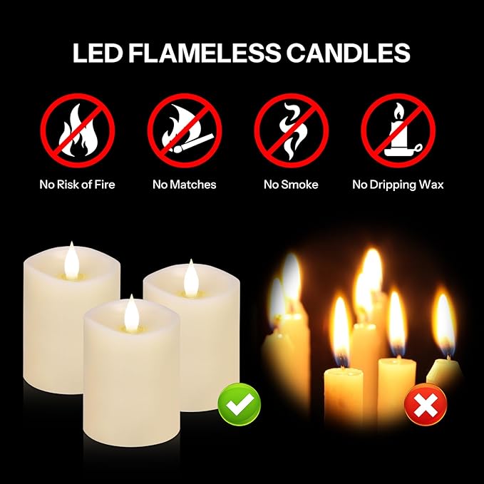 3x4 Flickering Flameless Candles Set of 3,Real Wax Pillar LED Candles,with Timer,4 inch Flameless Candles with Remote,for Party Wedding Holiday Home Decor,Ivory