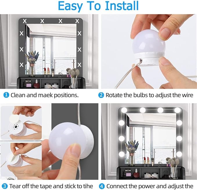 LED Vanity Lights for Mirror, Hollywood Style Vanity Lights with 10 Dimmable Bulbs, Adjustable Color & Brightness, USB Cable, Mirror Lights Stick on for Makeup Table Dressing Room (10 Lights)