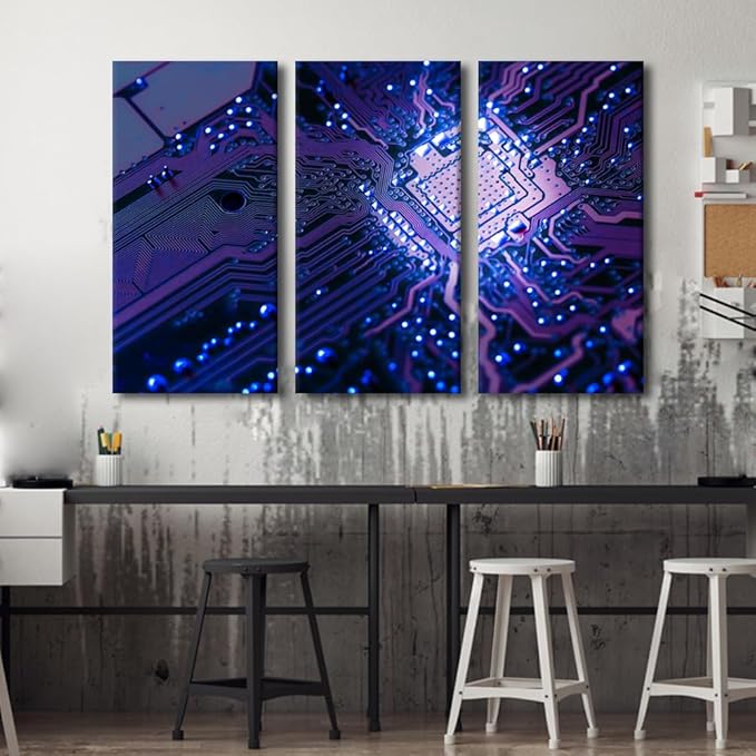 3 Pieces Canvas Wall Art Motherboard Digital Chip Computer Processors CPU Poster Wall Art Bathroom Artwork Decor Circuit Board Print on Canvas Stretched and Framed Ready to Hang (28" Wx42 H)