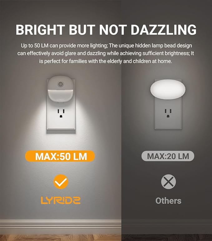 Lyridz Plug in Night Light with Motion Sensor and Dusk to Dawn Sensor, Dimmable Cool White Nightlight with 1-50lm Adjustable Brightness for Bedroom, Bathroom, Stairs, Hallway, 4 Pack