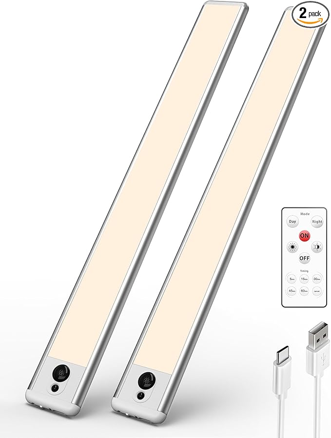 EZVALO Under Cabinet Lights,14.5'' Motion Sensor Light Indoor Dimmable, Super Bright 4000mAh Rechargeable Closet Lights 3500K with Remote Control, Wireless Under Counter Light for Kitchen,Cabinet