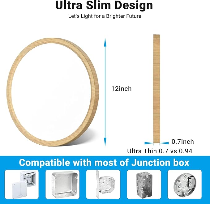 LED Flush Mount Ceiling Light,12Inch 24W,3000K/3500K/4000K/5000K/6500K 5 Color Temperatures Ceiling Light Fixture for Kitchen Porch Hallway Bedroom Bathroom and Closet,Wood
