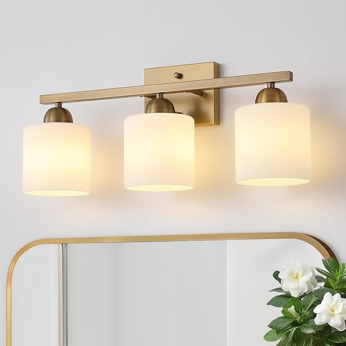 Milk Glass Vanity Lights for Bathroom, 3 Light Brass Bathroom Light Fixtures Over Mirror, Ceramic E26 Sockets Wall Mounted